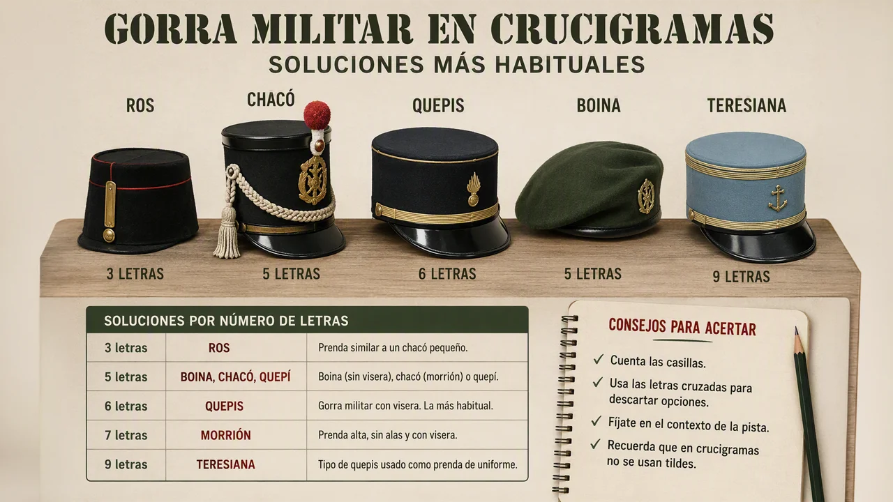 Gorra militar en un crucigrama: soluciones por número de letras 32 Posibles soluciones para la pista «gorra militar», ordenadas por número de letras, y aprende a distinguir entre quepis, ros, chacó, boina y teresiana.