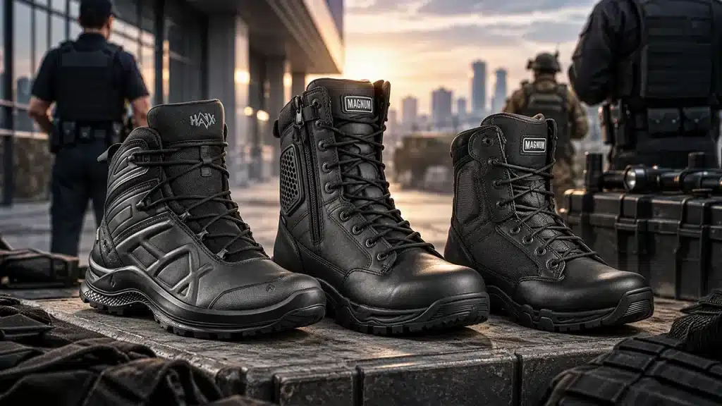 Tres botas tácticas negras con cremallera lateral y lazado rápido para seguridad privada, vigilantes, policía, airsoft y uso urbano