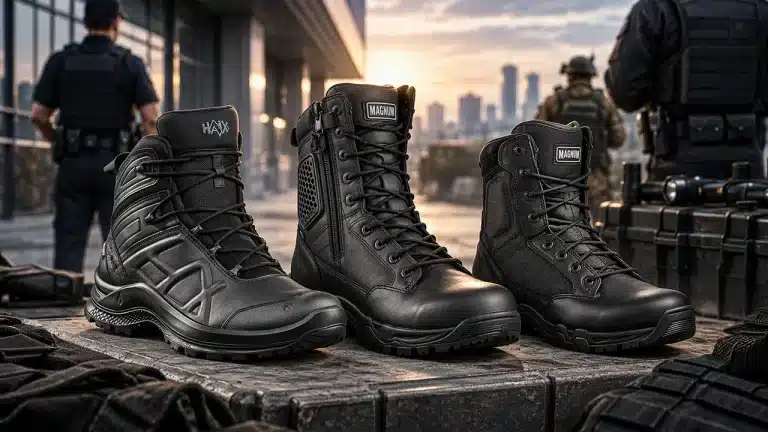 Tres botas tácticas negras con cremallera lateral y lazado rápido para seguridad privada, vigilantes, policía, airsoft y uso urbano