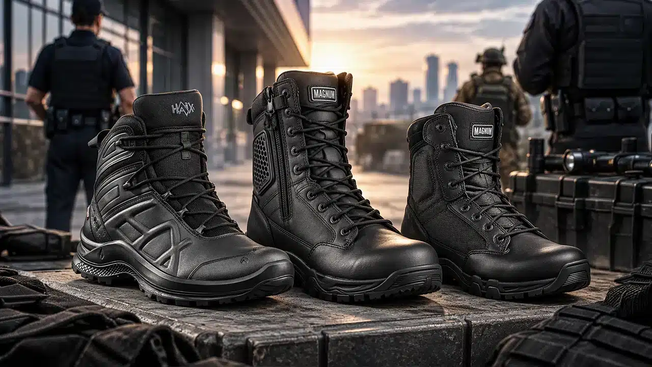 Botas militares con cremallera: mejores modelos para seguridad y policía 1 Tres botas tácticas negras con cremallera lateral y lazado rápido para seguridad privada, vigilantes, policía, airsoft y uso urbano