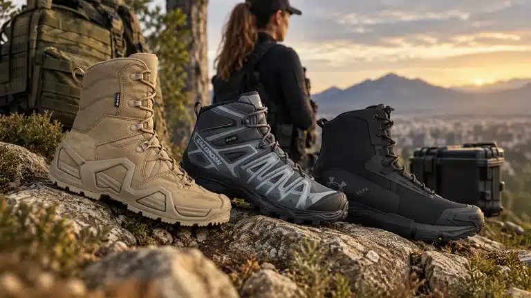 Botas militares y tácticas para mujer sobre terreno rocoso, con una profesional al fondo