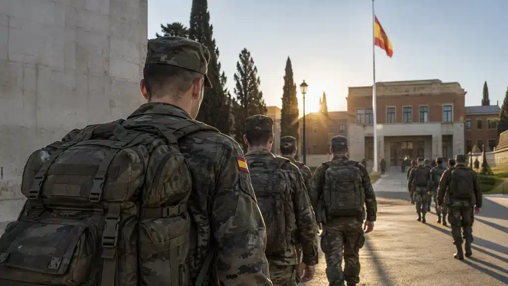 Alumnos de una academia militar española caminando hacia el centro de formación