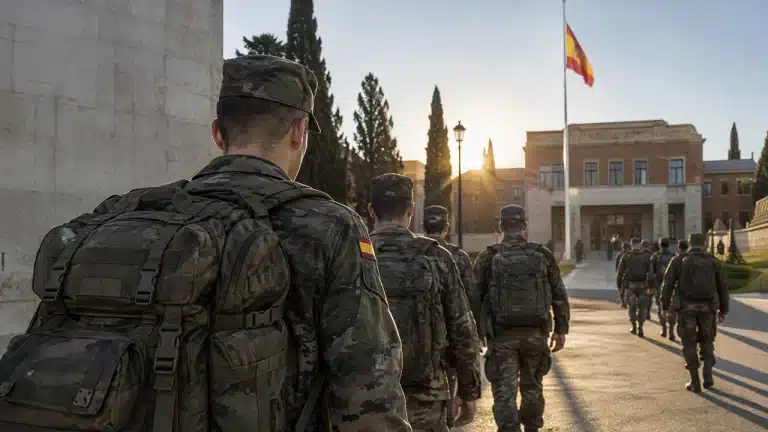 Cómo es ser alumno de una academia militar en España 2 Alumnos de una academia militar española caminando hacia el centro de formación