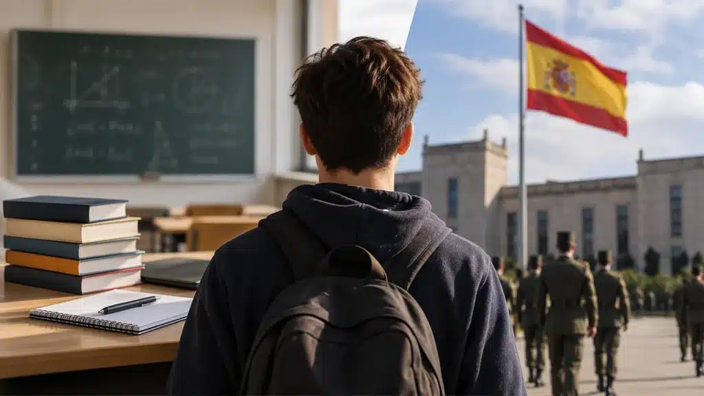 Estudiante ante un aula y un centro militar en España