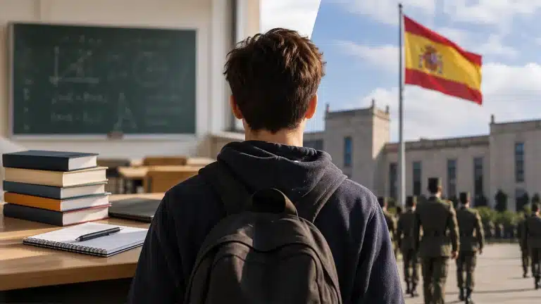 Estudiante ante un aula y un centro militar en España
