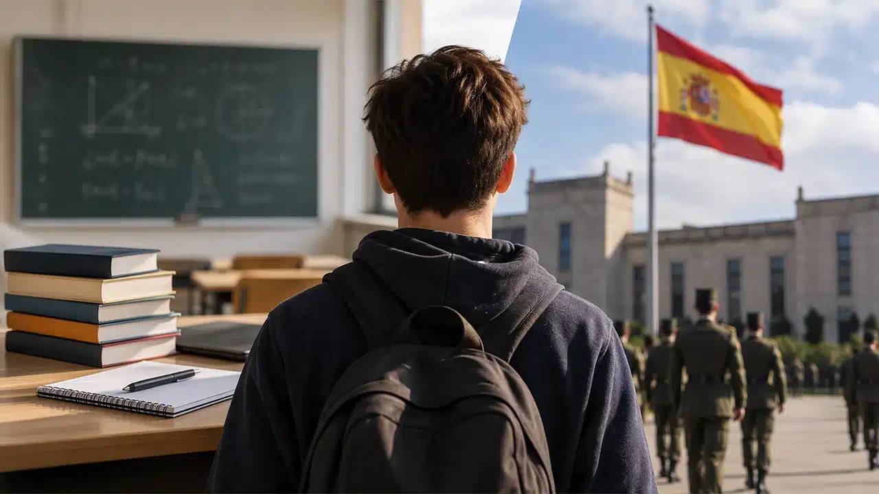 Estudiante ante un aula y un centro militar en España