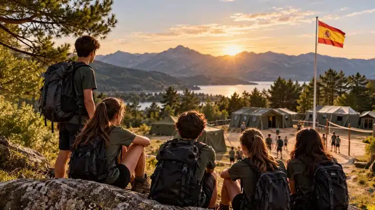 Grupo de adolescentes con mochilas en un campamento de verano vinculado al Ejército de Tierra en España